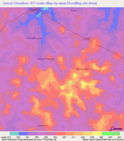 Soloni,Ivory Coast Elevation Map