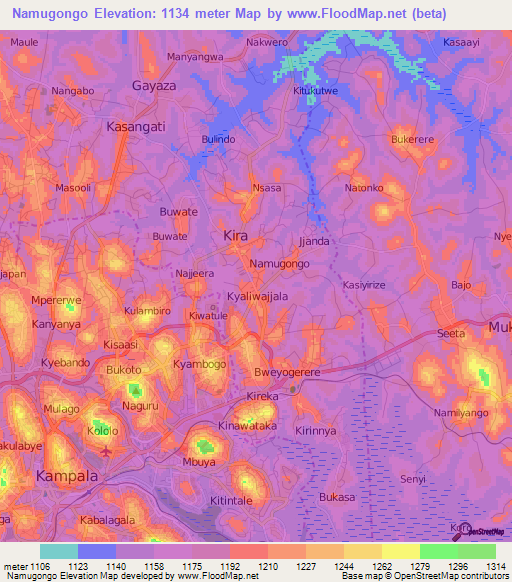 Namugongo,Uganda Elevation Map