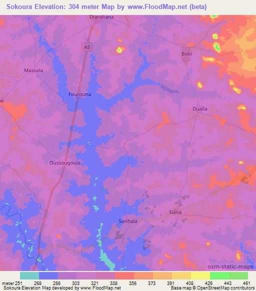 Sokoura,Ivory Coast Elevation Map