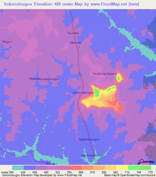 Sokorodougou,Ivory Coast Elevation Map