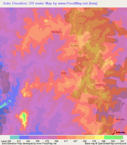 Soko,Ivory Coast Elevation Map