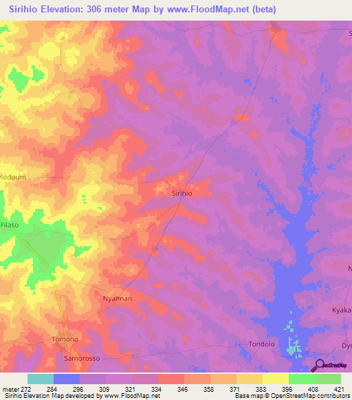 Sirihio,Ivory Coast Elevation Map