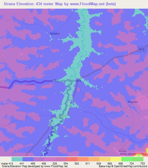 Sirana,Ivory Coast Elevation Map
