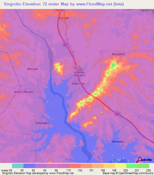 Singrobo,Ivory Coast Elevation Map