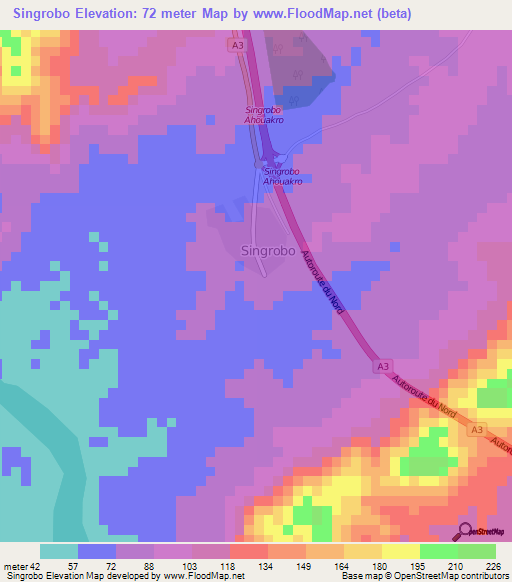 Singrobo,Ivory Coast Elevation Map