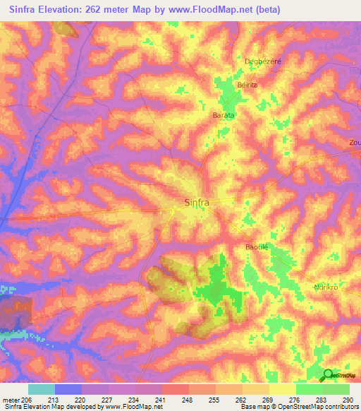 Sinfra,Ivory Coast Elevation Map
