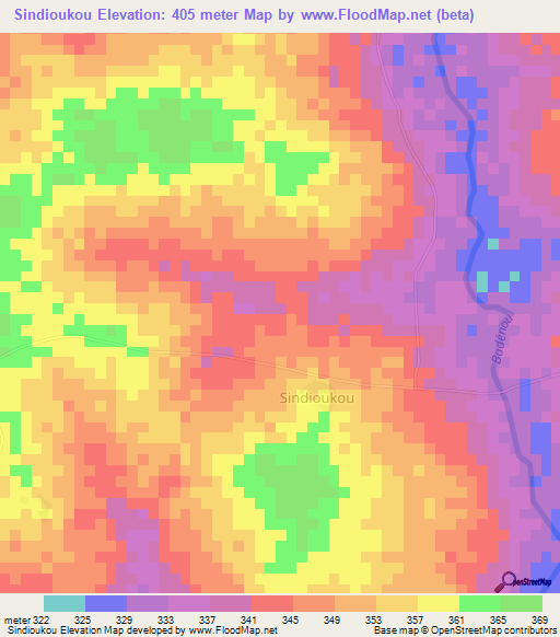 Sindioukou,Ivory Coast Elevation Map
