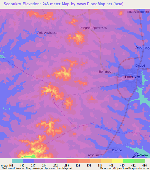 Sedoukro,Ivory Coast Elevation Map