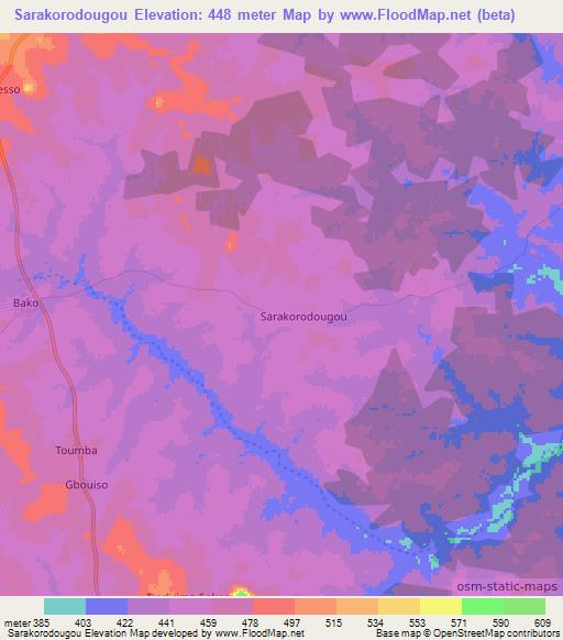 Sarakorodougou,Ivory Coast Elevation Map