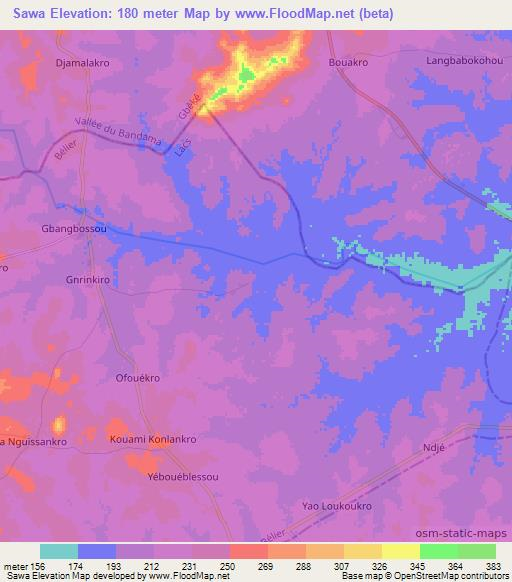 Sawa,Ivory Coast Elevation Map