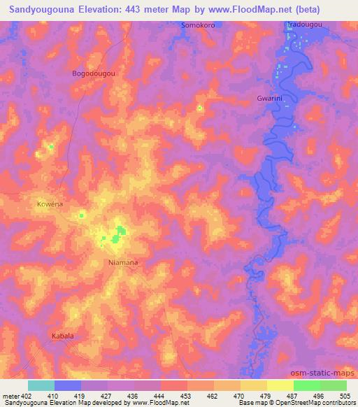 Sandyougouna,Ivory Coast Elevation Map