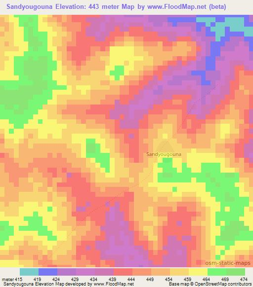 Sandyougouna,Ivory Coast Elevation Map