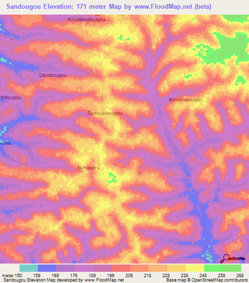 Sandougou,Ivory Coast Elevation Map