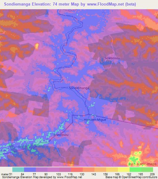 Sondiemanga,Ivory Coast Elevation Map