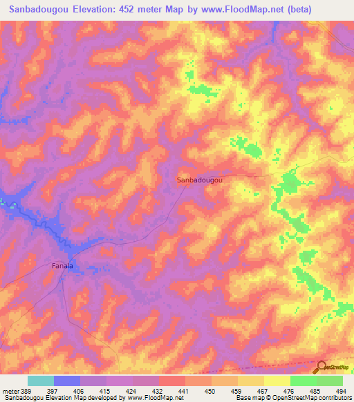 Sanbadougou,Ivory Coast Elevation Map