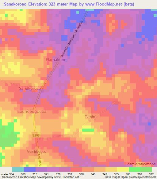 Sanakoroso,Ivory Coast Elevation Map