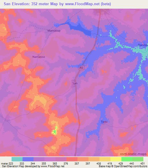 San,Ivory Coast Elevation Map