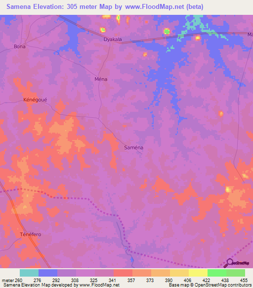 Samena,Ivory Coast Elevation Map