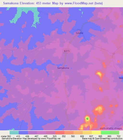 Samakona,Ivory Coast Elevation Map
