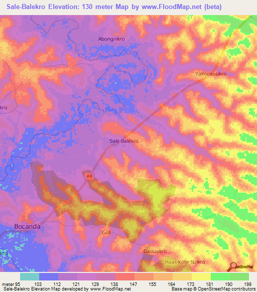 Sale-Balekro,Ivory Coast Elevation Map