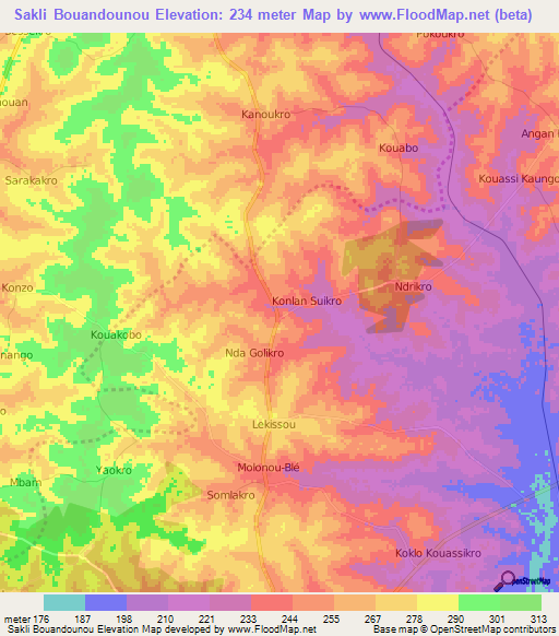 Sakli Bouandounou,Ivory Coast Elevation Map