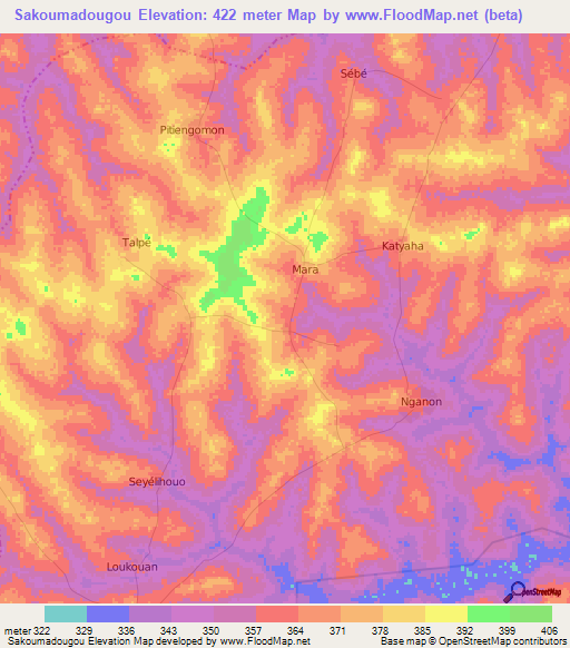 Sakoumadougou,Ivory Coast Elevation Map