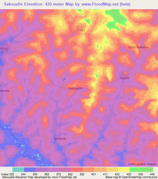 Sakouelle,Ivory Coast Elevation Map