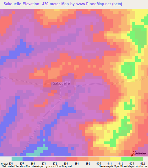 Sakouelle,Ivory Coast Elevation Map
