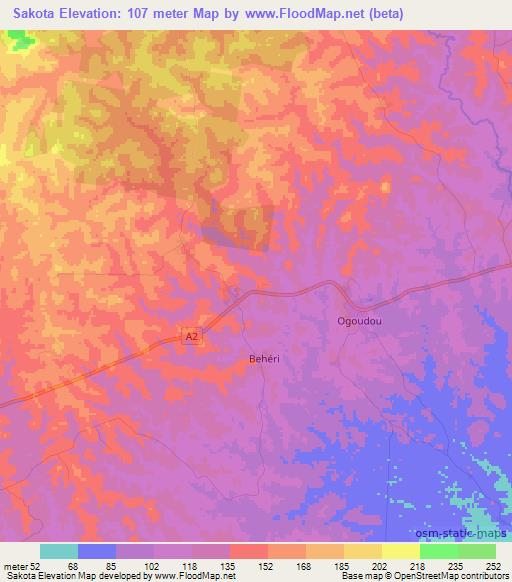 Sakota,Ivory Coast Elevation Map