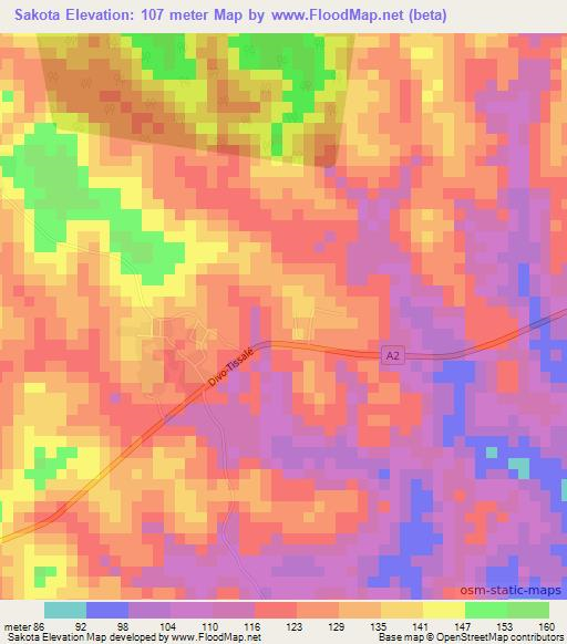 Sakota,Ivory Coast Elevation Map