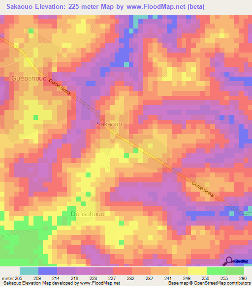 Sakaouo,Ivory Coast Elevation Map