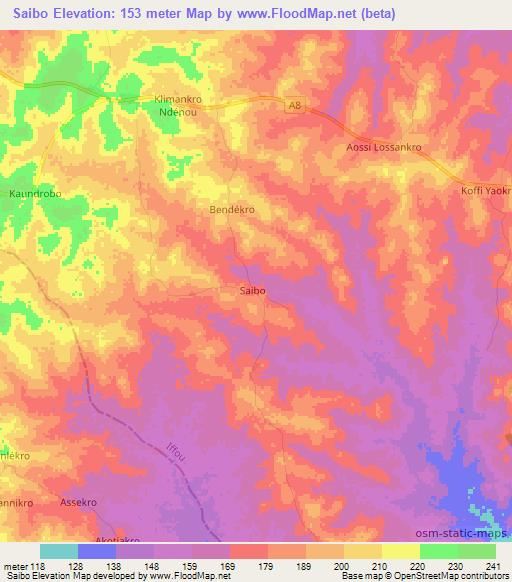 Saibo,Ivory Coast Elevation Map