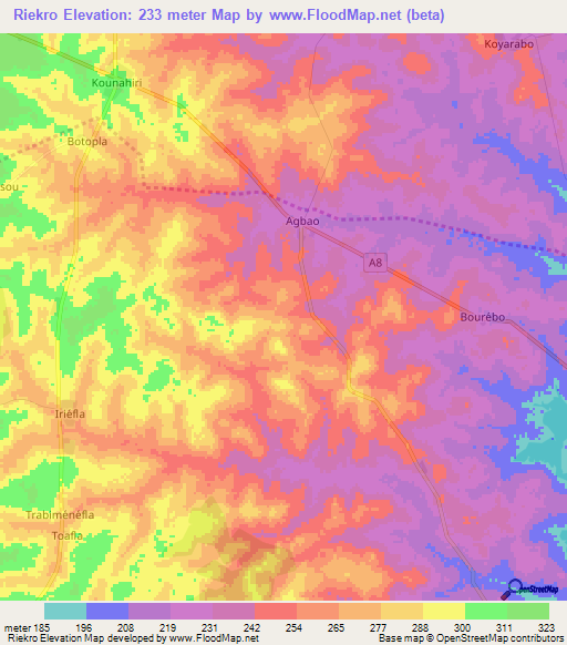 Riekro,Ivory Coast Elevation Map