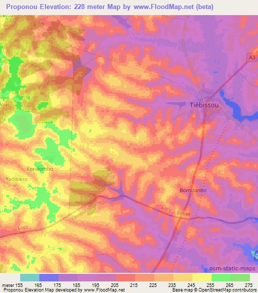 Proponou,Ivory Coast Elevation Map