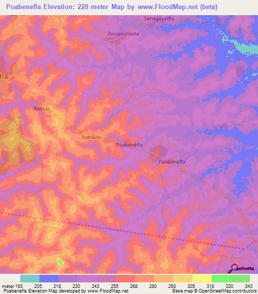 Poabenefla,Ivory Coast Elevation Map