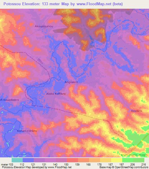 Potossou,Ivory Coast Elevation Map