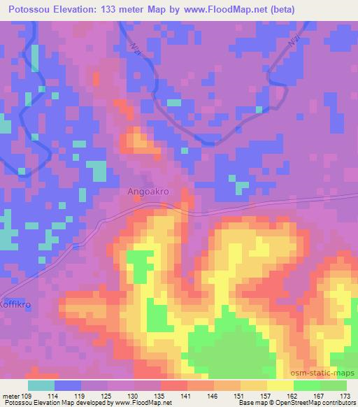 Potossou,Ivory Coast Elevation Map