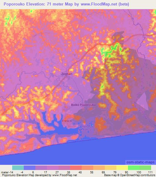 Poporouko,Ivory Coast Elevation Map