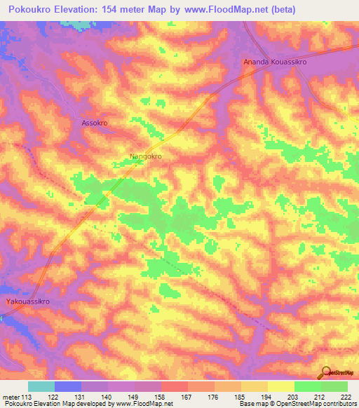 Pokoukro,Ivory Coast Elevation Map