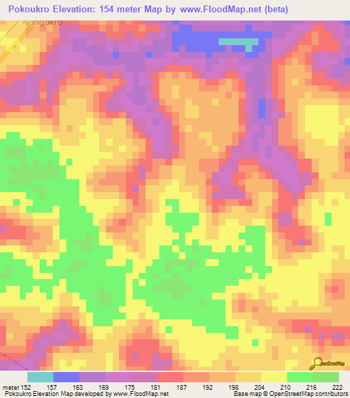 Pokoukro,Ivory Coast Elevation Map