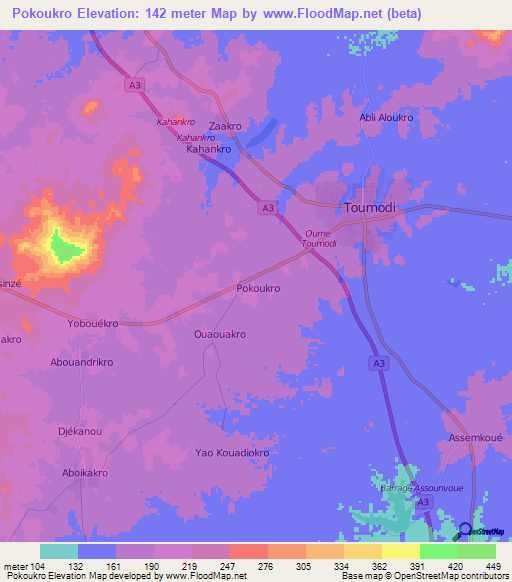 Pokoukro,Ivory Coast Elevation Map