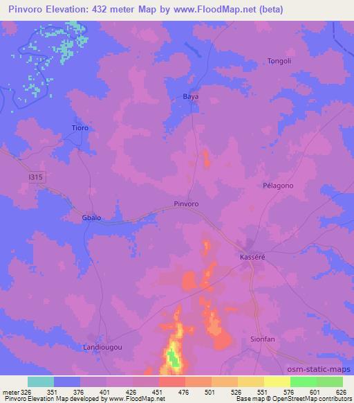Pinvoro,Ivory Coast Elevation Map