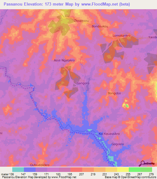 Passanou,Ivory Coast Elevation Map