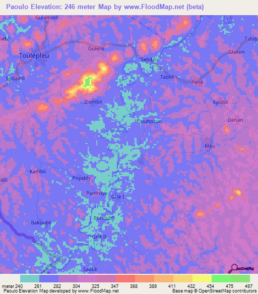 Paoulo,Ivory Coast Elevation Map