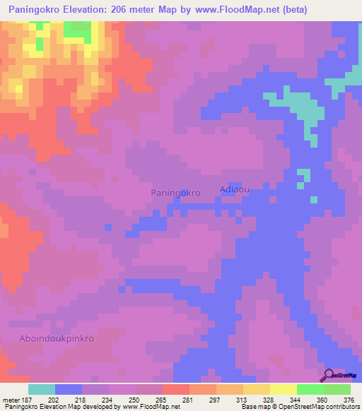 Paningokro,Ivory Coast Elevation Map