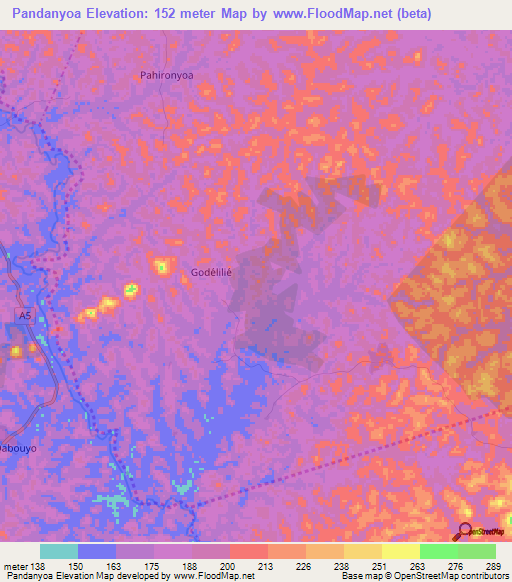 Pandanyoa,Ivory Coast Elevation Map