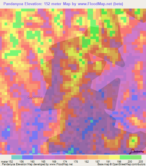 Pandanyoa,Ivory Coast Elevation Map