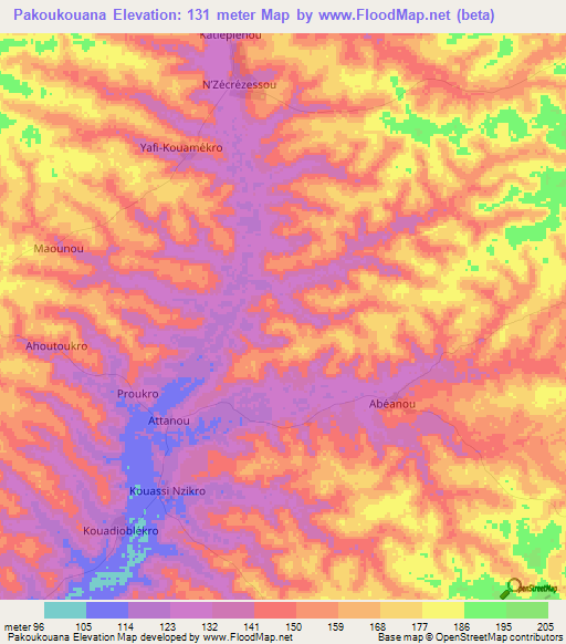 Pakoukouana,Ivory Coast Elevation Map