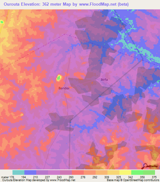 Ourouta,Ivory Coast Elevation Map