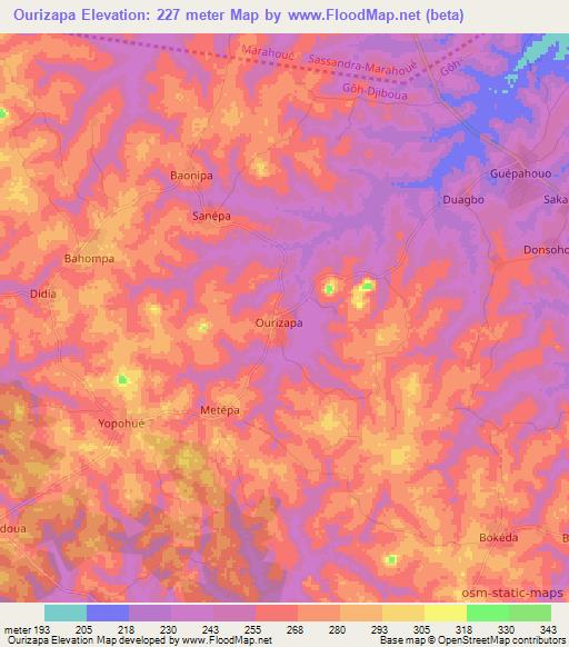 Ourizapa,Ivory Coast Elevation Map